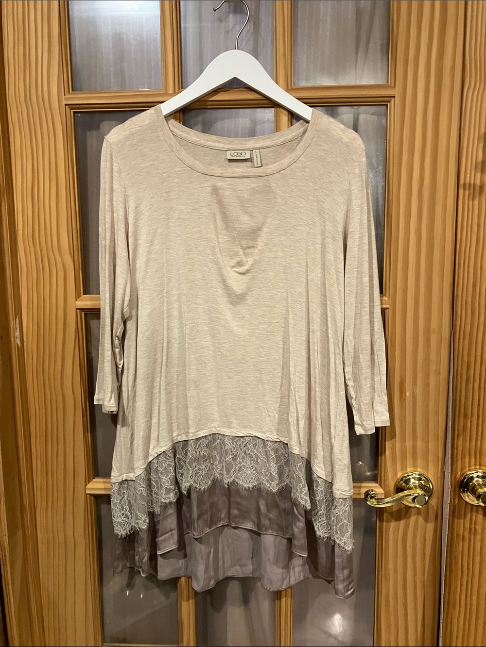 LOGO by Lori Goldstein Cream Layered Lace & Satin Hem Tunic